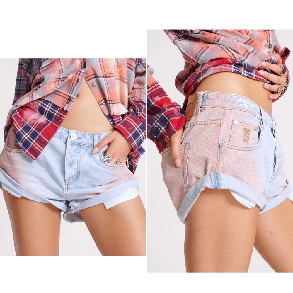 ONE TEASPOON Bandits Low Waist Denim Jean Shorts Distressed Palm Springs Blue